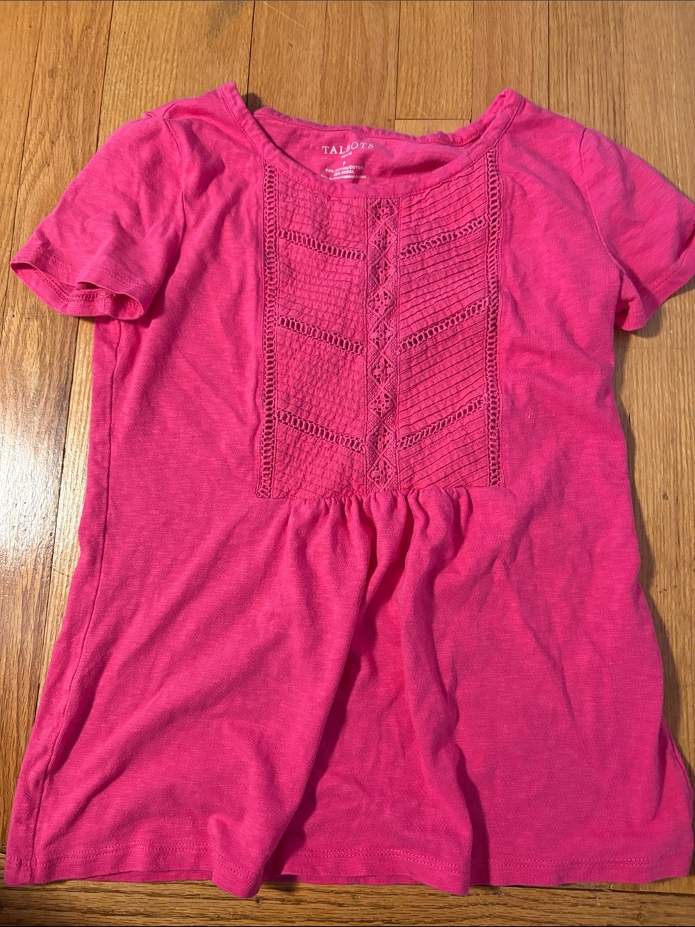 Talbots Bright Pink Crochet Yoke Short Sleeve Top